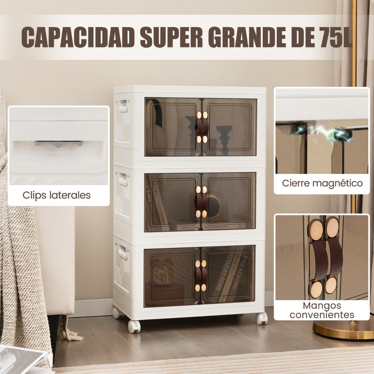 Paquete de 3 Contenedores Apilables con Puertas Ruedas Bloqueables y Tapas Plegables de PP para Dormitorio 44,5 x 30 x 77,5 cm Blanco