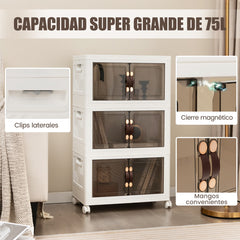 Paquete de 3 Contenedores Apilables con Puertas Ruedas Bloqueables y Tapas Plegables de PP para Dormitorio 44,5 x 30 x 77,5 cm Blanco