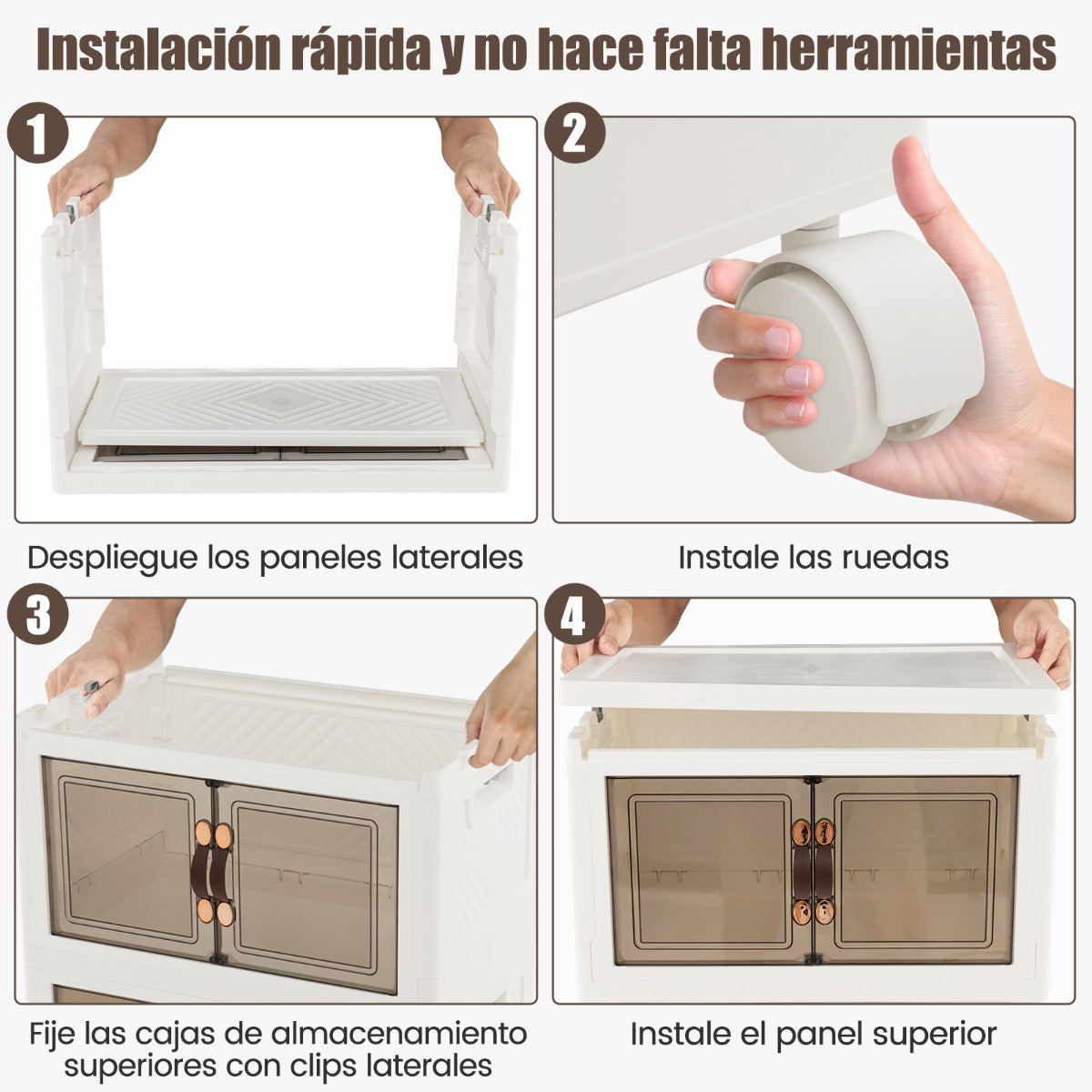 Paquete de 3 Contenedores Apilables con Puertas Ruedas Bloqueables y Tapas Plegables de PP para Dormitorio 44,5 x 30 x 77,5 cm Blanco