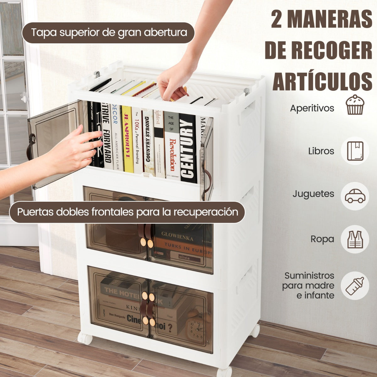 Paquete de 3 Contenedores Apilables con Puertas Ruedas Bloqueables y Tapas Plegables de PP para Dormitorio 44,5 x 30 x 77,5 cm Blanco