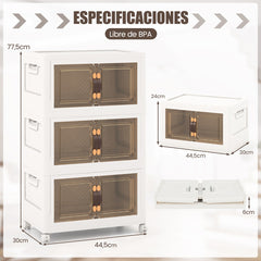 Paquete de 3 Contenedores Apilables con Puertas Ruedas Bloqueables y Tapas Plegables de PP para Dormitorio 44,5 x 30 x 77,5 cm Blanco