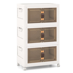 Paquete de 3 Contenedores Apilables con Puertas Ruedas Bloqueables y Tapas Plegables de PP para Dormitorio 44,5 x 30 x 77,5 cm Blanco