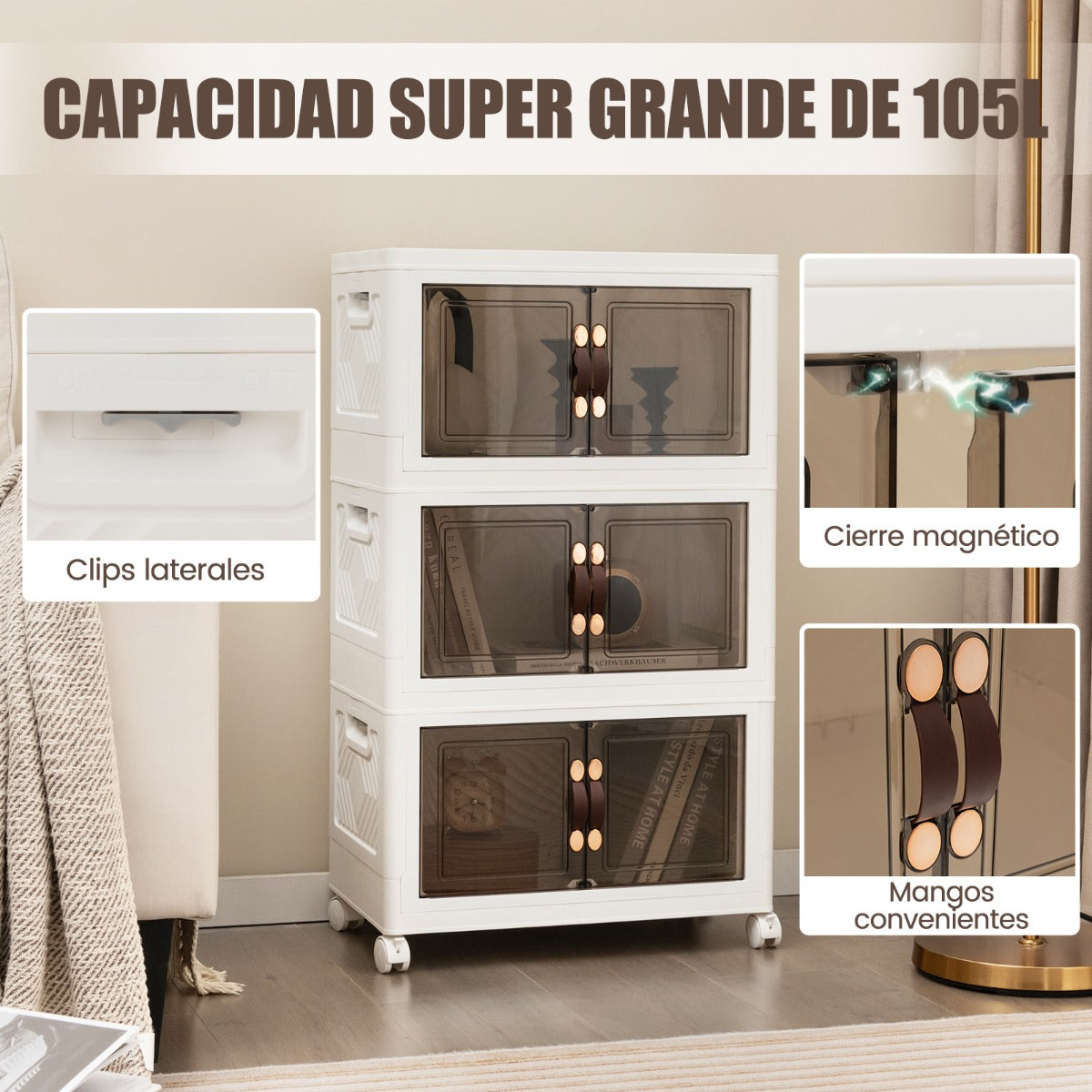 Paquete de 3 Contenedores Apilables con Puertas Ruedas Bloqueables y Tapas Plegables de PP para Dormitorio Blanco 49,5 x 31,5 x 86 cm