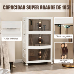 Paquete de 3 Contenedores Apilables con Puertas Ruedas Bloqueables y Tapas Plegables de PP para Dormitorio Blanco 49,5 x 31,5 x 86 cm