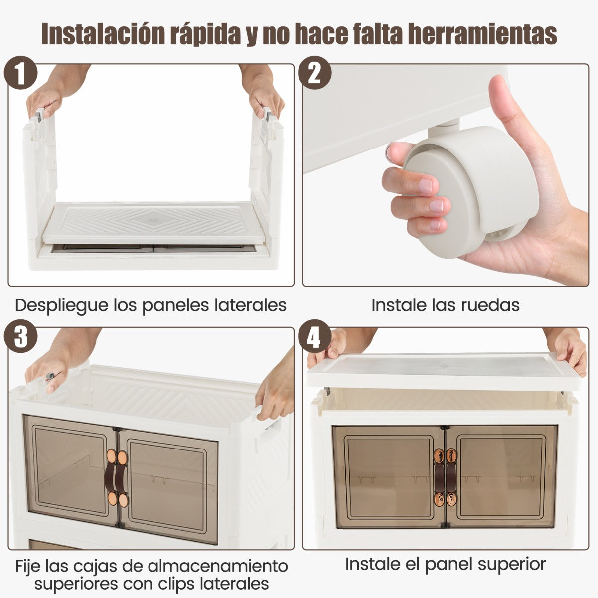 Paquete de 3 Contenedores Apilables con Puertas Ruedas Bloqueables y Tapas Plegables de PP para Dormitorio Blanco 49,5 x 31,5 x 86 cm