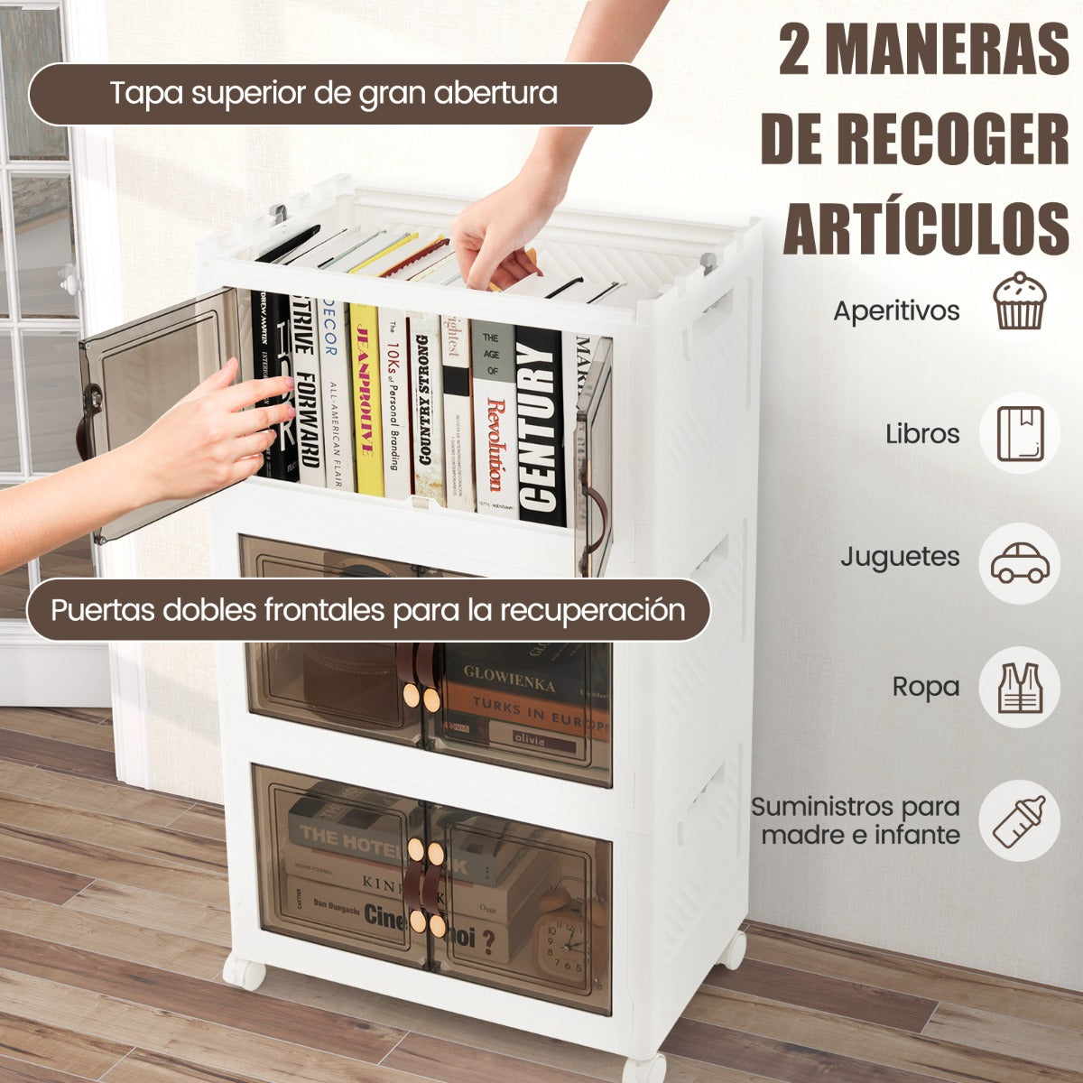 Paquete de 3 Contenedores Apilables con Puertas Ruedas Bloqueables y Tapas Plegables de PP para Dormitorio Blanco 49,5 x 31,5 x 86 cm