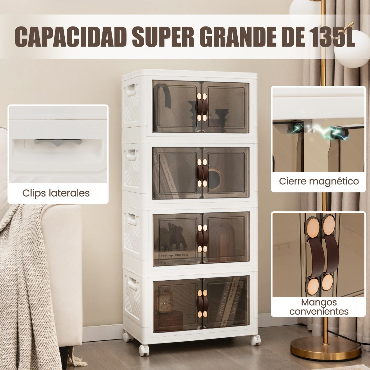 Paquete de 4 Contenedores Apilables con Puertas Ruedas Bloqueables y Tapas Plegables de PP para Dormitorio Blanco 49,5 x 31,5 x 112,5 cm