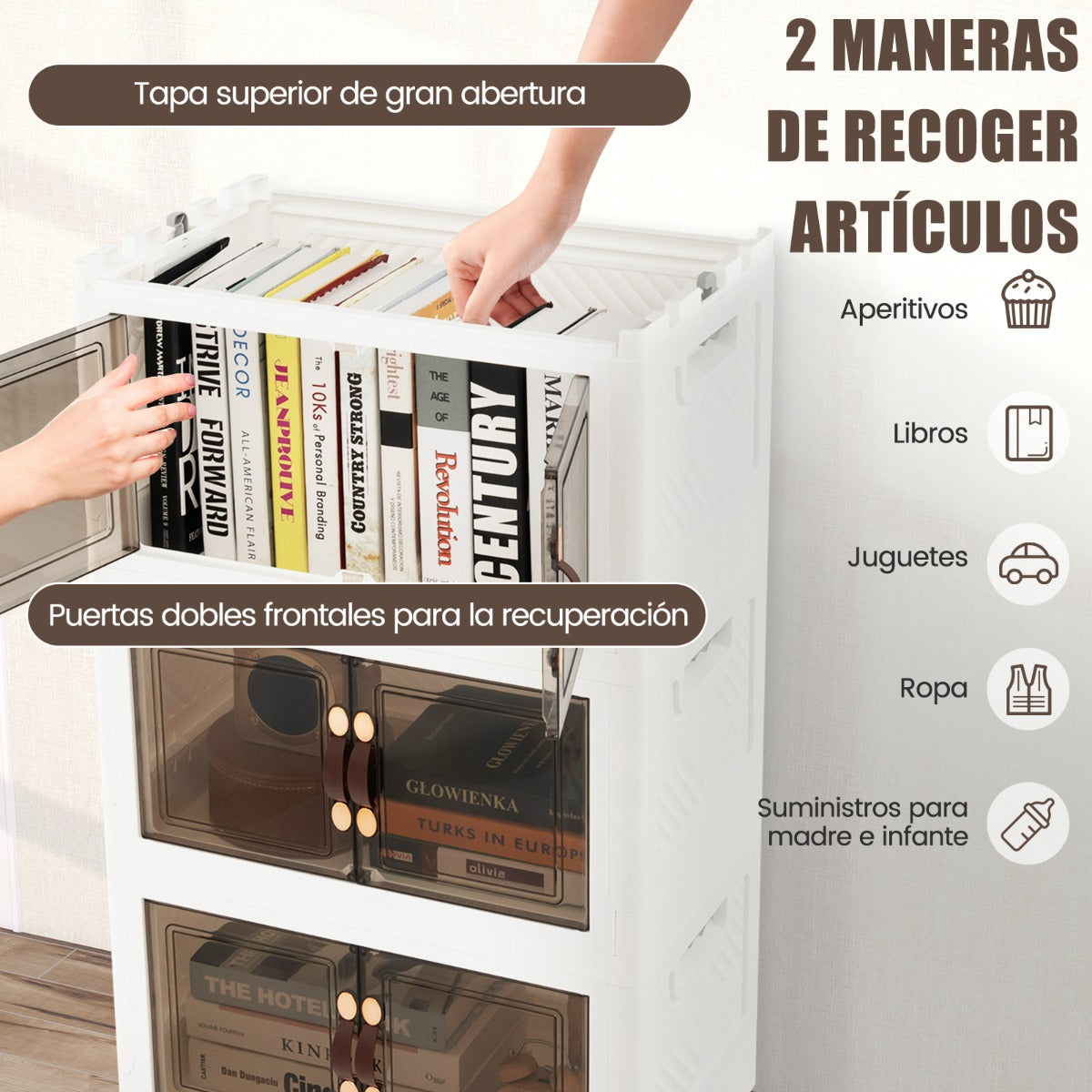 Paquete de 4 Contenedores Apilables con Puertas Ruedas Bloqueables y Tapas Plegables de PP para Dormitorio Blanco 49,5 x 31,5 x 112,5 cm