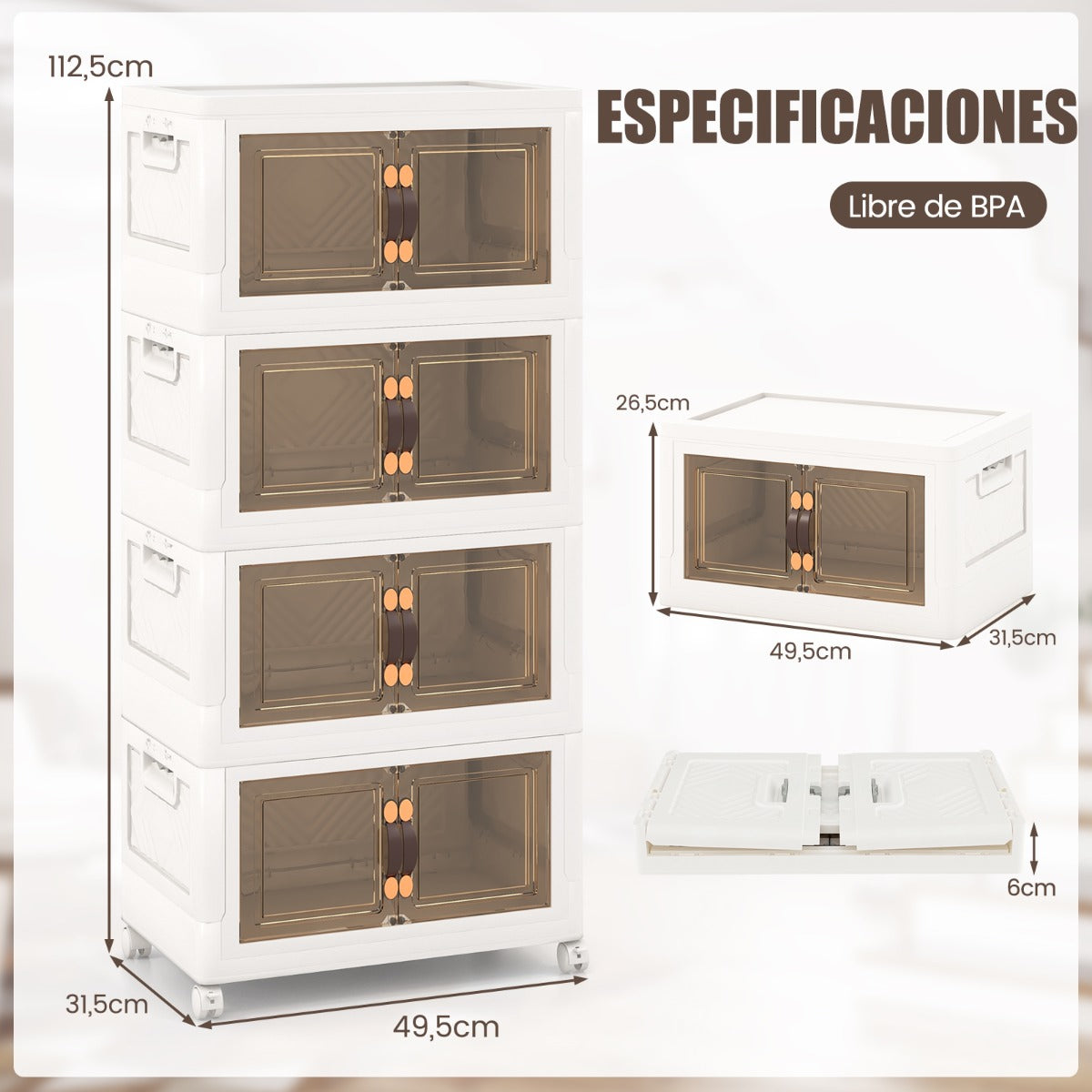 Paquete de 4 Contenedores Apilables con Puertas Ruedas Bloqueables y Tapas Plegables de PP para Dormitorio Blanco 49,5 x 31,5 x 112,5 cm