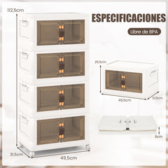 Paquete de 4 Contenedores Apilables con Puertas Ruedas Bloqueables y Tapas Plegables de PP para Dormitorio Blanco 49,5 x 31,5 x 112,5 cm