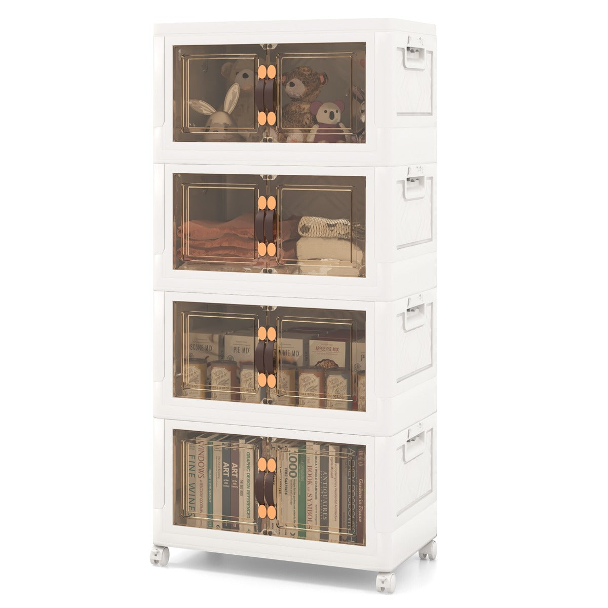 Paquete de 4 Contenedores Apilables con Puertas Ruedas Bloqueables y Tapas Plegables de PP para Dormitorio Blanco 49,5 x 31,5 x 112,5 cm