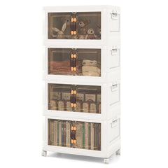 Paquete de 4 Contenedores Apilables con Puertas Ruedas Bloqueables y Tapas Plegables de PP para Dormitorio Blanco 49,5 x 31,5 x 112,5 cm