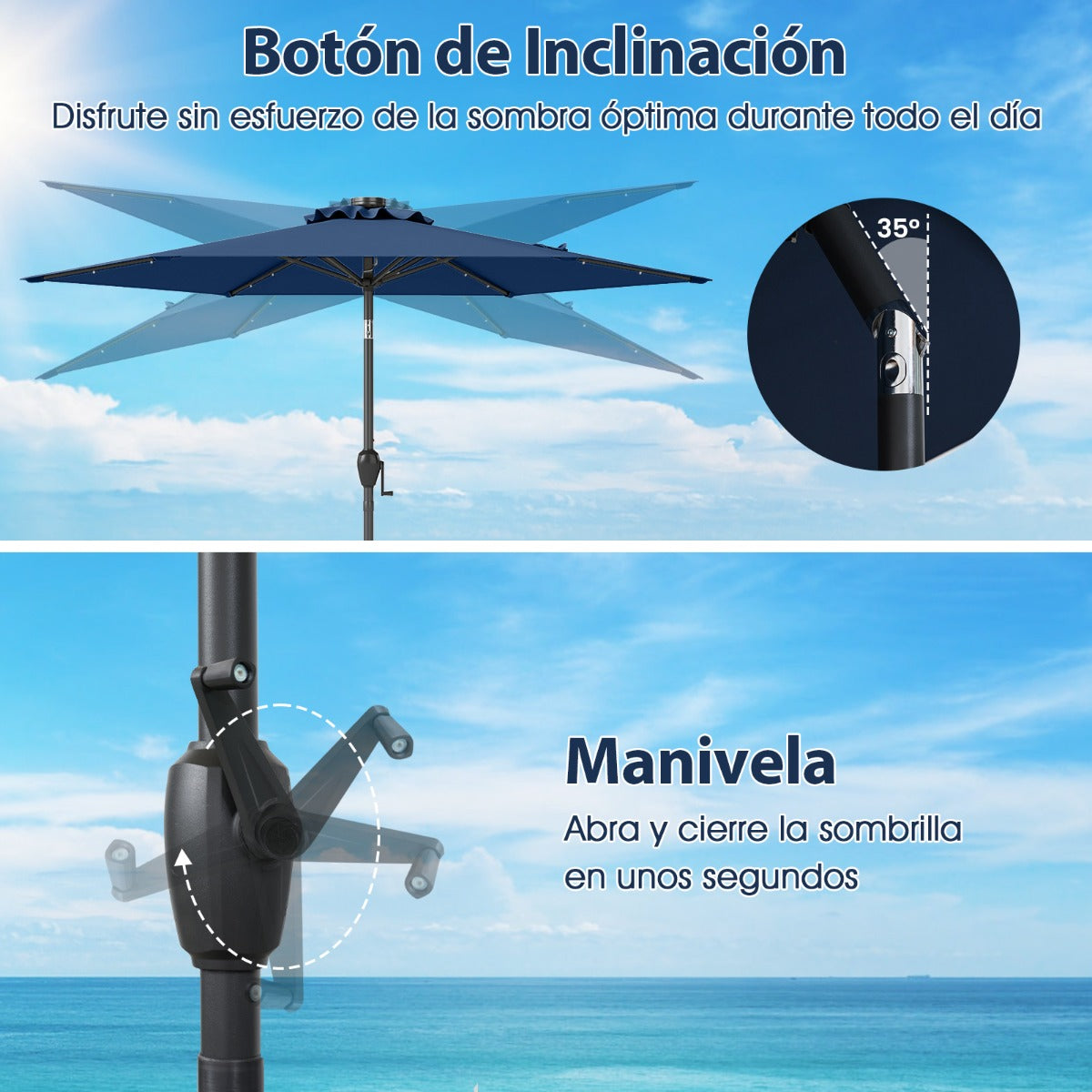 Parasol con Luces LED con Energía Solar Sistema de Inclinación con Botón 230 x 230 x 225 cm-Azul marino