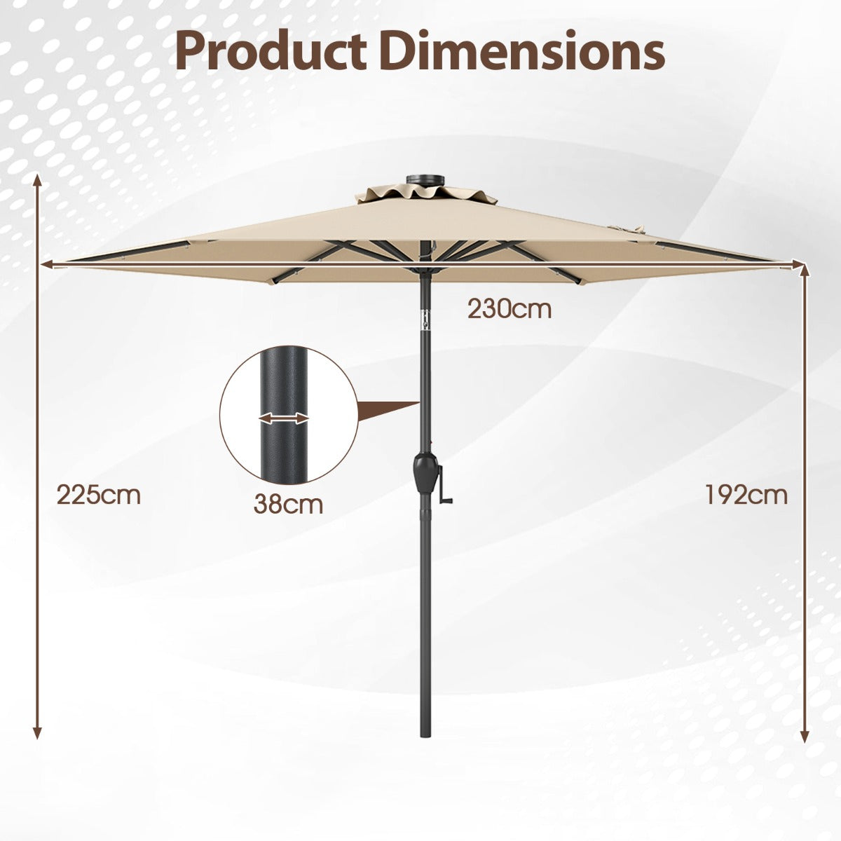 Parasol con Luces LED con Energía Solar Sistema de Inclinación con Botón 230 x 230 x 225 cm-Beige