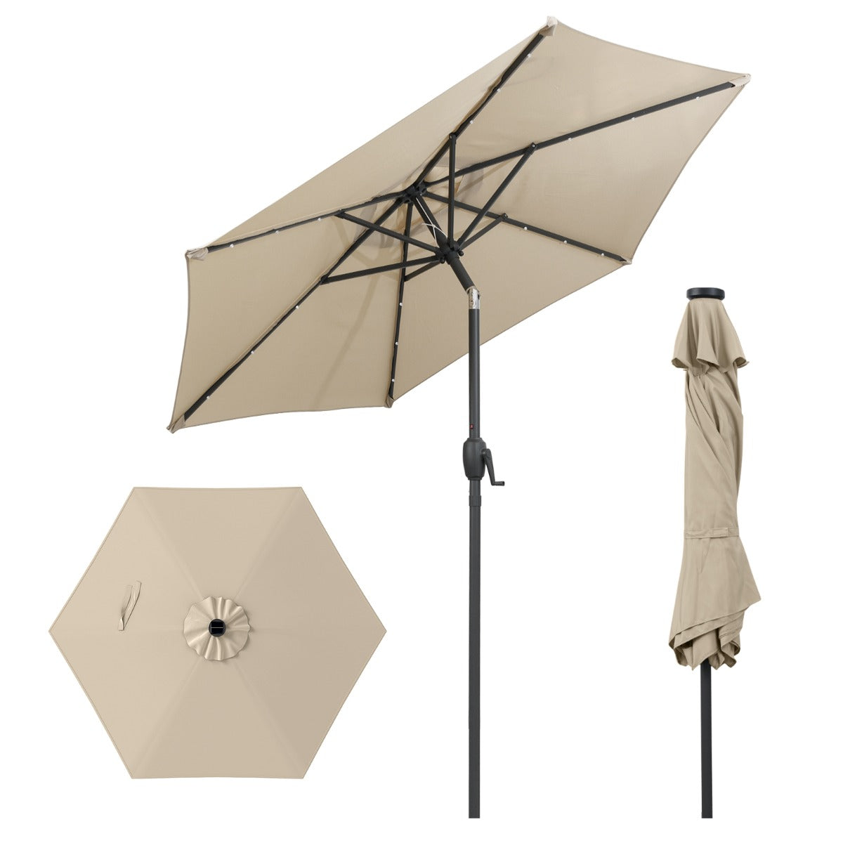 Parasol con Luces LED con Energía Solar Sistema de Inclinación con Botón 230 x 230 x 225 cm-Beige