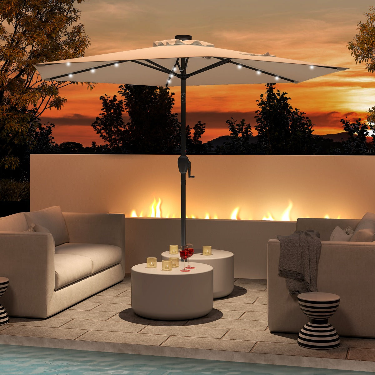 Parasol con Luces LED con Energía Solar Sistema de Inclinación con Botón 230 x 230 x 225 cm-Beige