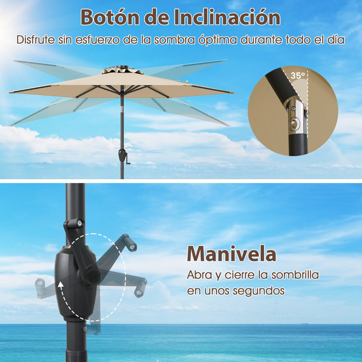 Parasol con Luces LED con Energía Solar Sistema de Inclinación con Botón 230 x 230 x 225 cm-Beige