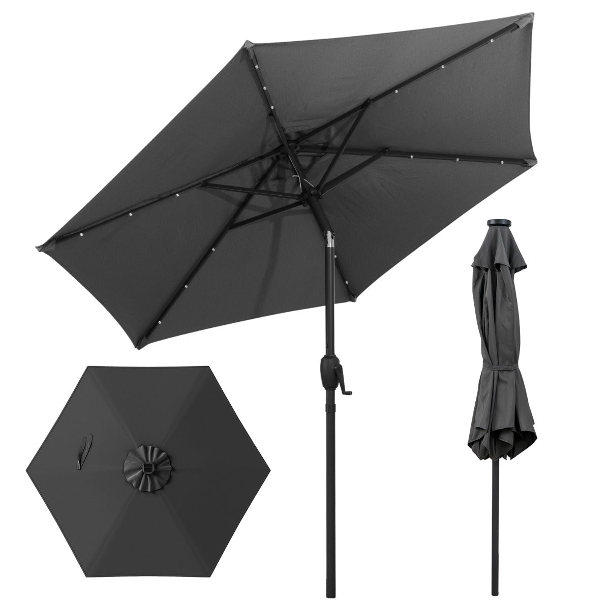 Parasol con Luces LED con Energía Solar Sistema de Inclinación con Botón 230 x 230 x 225 cm-Gris