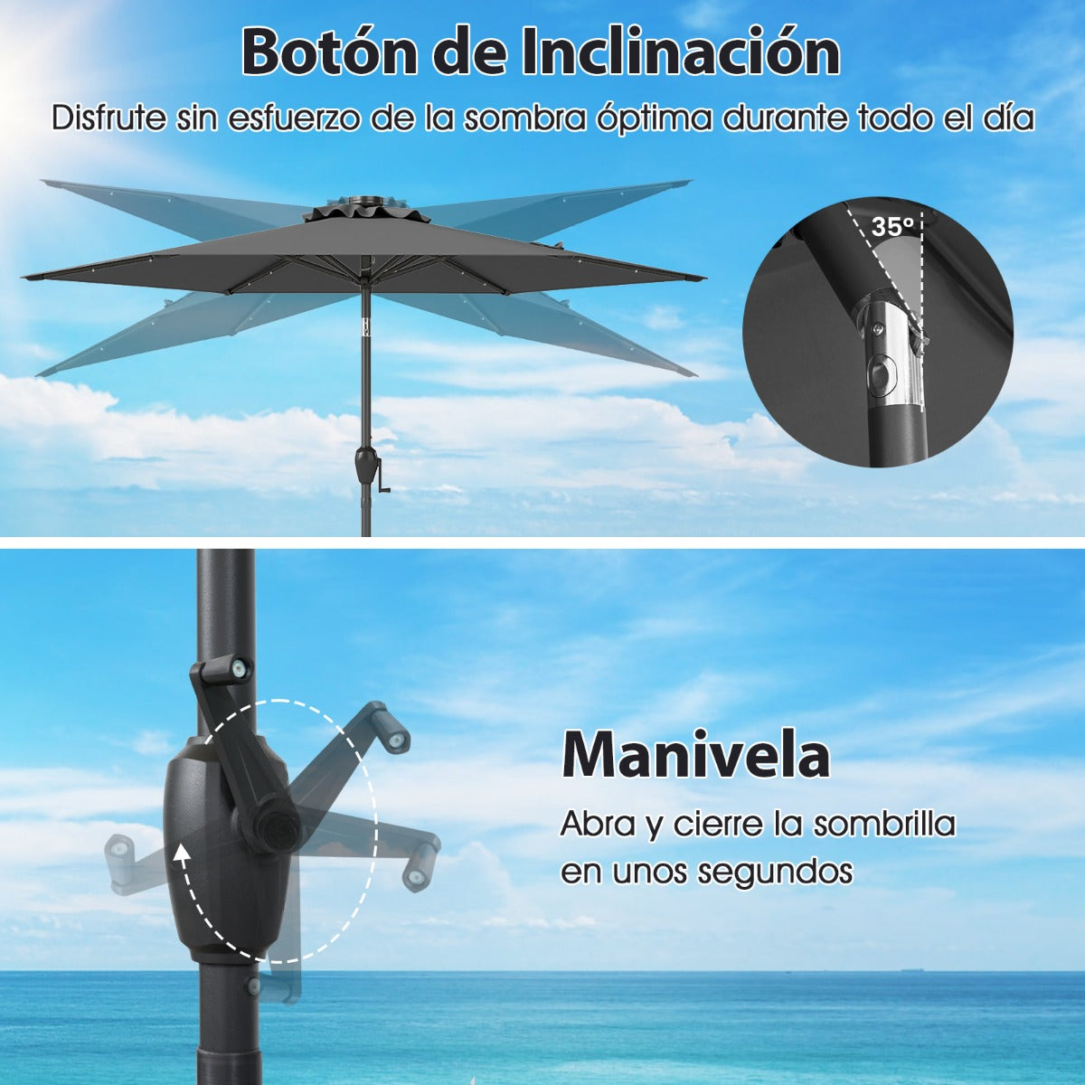 Parasol con Luces LED con Energía Solar Sistema de Inclinación con Botón 230 x 230 x 225 cm-Gris