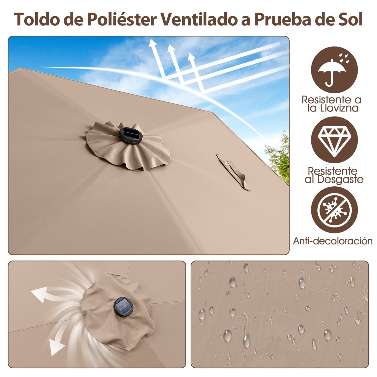 Parasol con Luces LED con Energía Solar Sistema de Inclinación con Botón 230 x 230 x 225 cm-Marrón claro