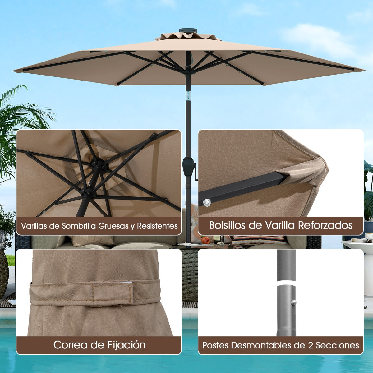 Parasol con Luces LED con Energía Solar Sistema de Inclinación con Botón 230 x 230 x 225 cm-Marrón claro