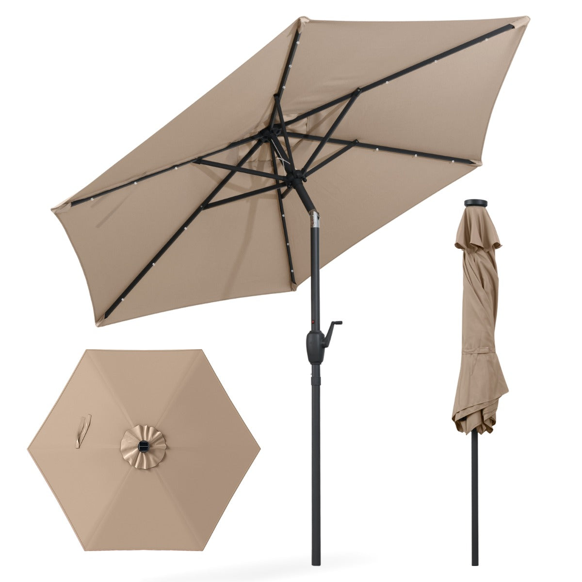 Parasol con Luces LED con Energía Solar Sistema de Inclinación con Botón 230 x 230 x 225 cm-Marrón claro