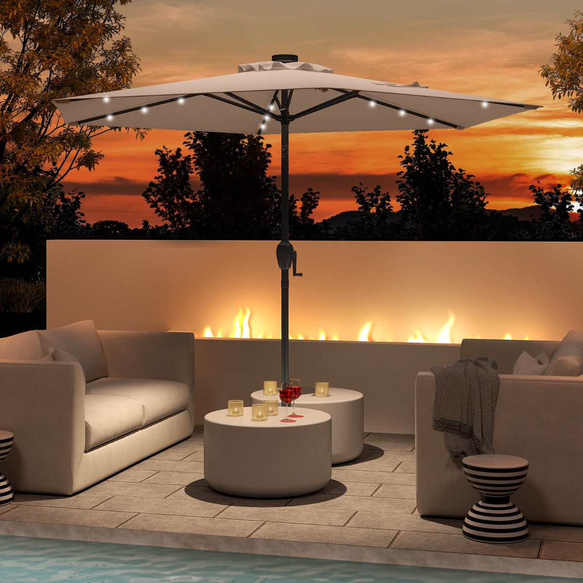 Parasol con Luces LED con Energía Solar Sistema de Inclinación con Botón 230 x 230 x 225 cm-Marrón claro