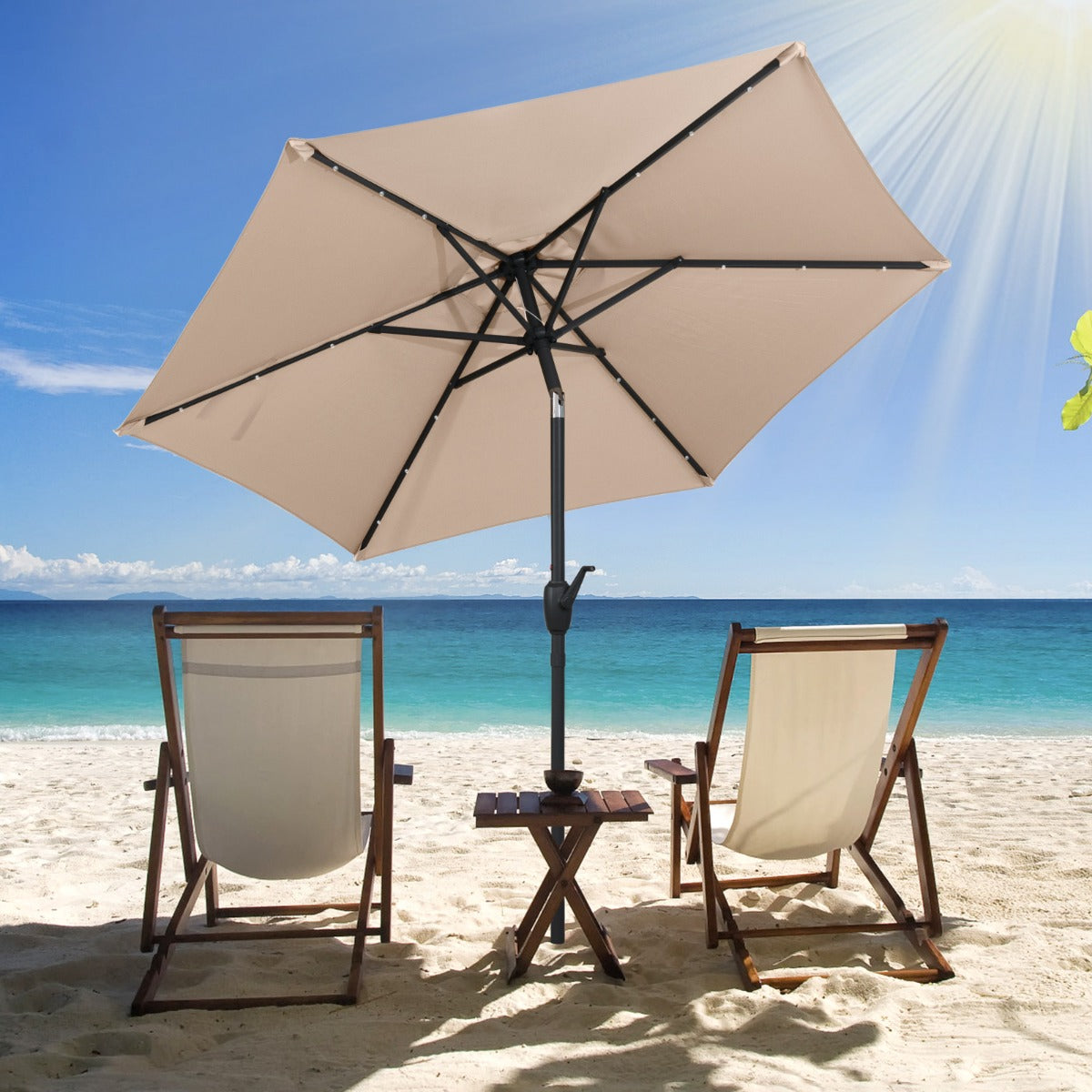 Parasol con Luces LED con Energía Solar Sistema de Inclinación con Botón 230 x 230 x 225 cm-Marrón claro