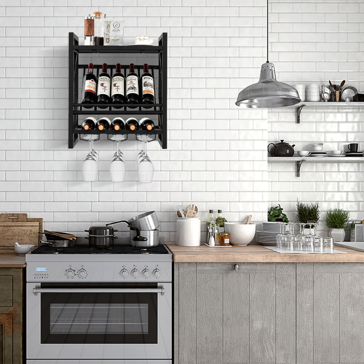 Soporte de Pared para Botellas de Vino Estantería de Vino con Portabotellas 2 Niveles 3 Filas de Sujetadores para Cocina 51 x 26,5 x 60 cm