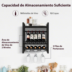 Soporte de Pared para Botellas de Vino Estantería de Vino con Portabotellas 2 Niveles 3 Filas de Sujetadores para Cocina 51 x 26,5 x 60 cm