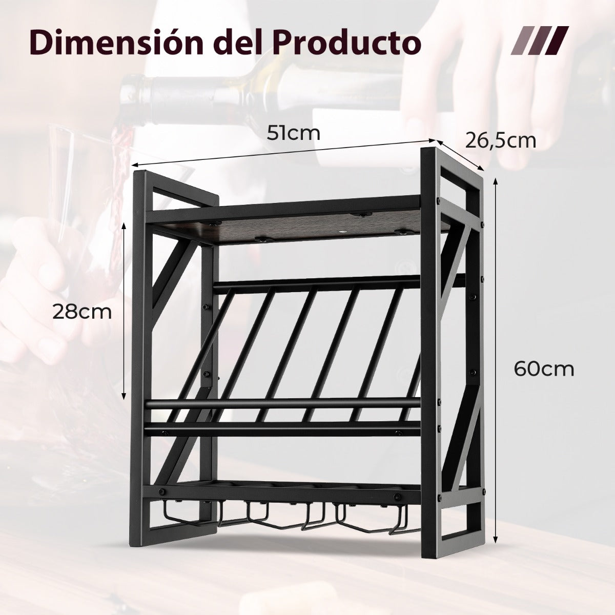 Soporte de Pared para Botellas de Vino Estantería de Vino con Portabotellas 2 Niveles 3 Filas de Sujetadores para Cocina 51 x 26,5 x 60 cm
