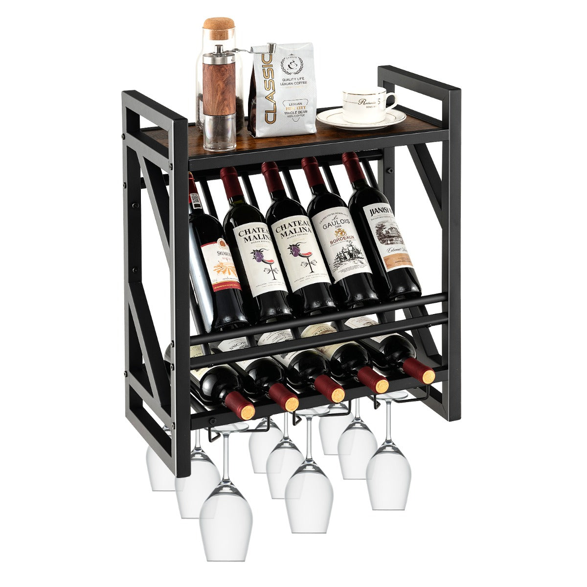 Soporte de Pared para Botellas de Vino Estantería de Vino con Portabotellas 2 Niveles 3 Filas de Sujetadores para Cocina 51 x 26,5 x 60 cm