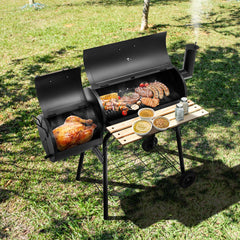 Parrilla de Carbón BBQ con Ahumador Lateral Estante Asas de Madera Dos Ruedas 115 x 65 x 108 cm Negro