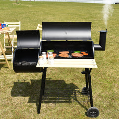 Parrilla de Carbón BBQ con Ahumador Lateral Estante Asas de Madera Dos Ruedas 115 x 65 x 108 cm Negro