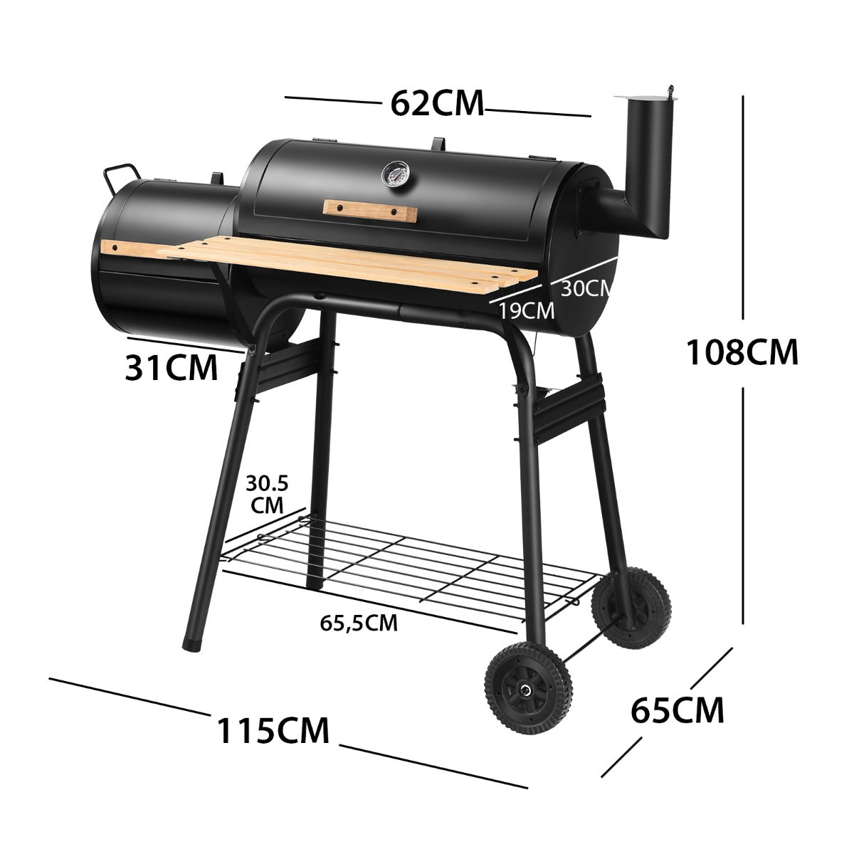 Parrilla de Carbón BBQ con Ahumador Lateral Estante Asas de Madera Dos Ruedas 115 x 65 x 108 cm Negro
