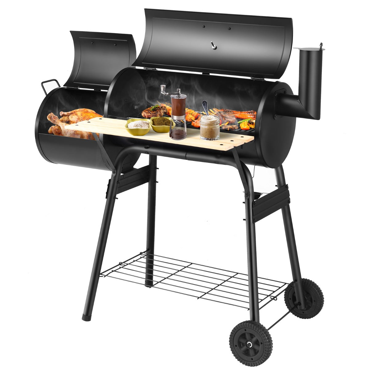 Parrilla de Carbón BBQ con Ahumador Lateral Estante Asas de Madera Dos Ruedas 115 x 65 x 108 cm Negro