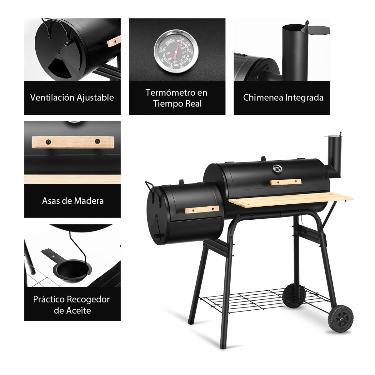 Parrilla de Carbón BBQ con Ahumador Lateral Estante Asas de Madera Dos Ruedas 115 x 65 x 108 cm Negro