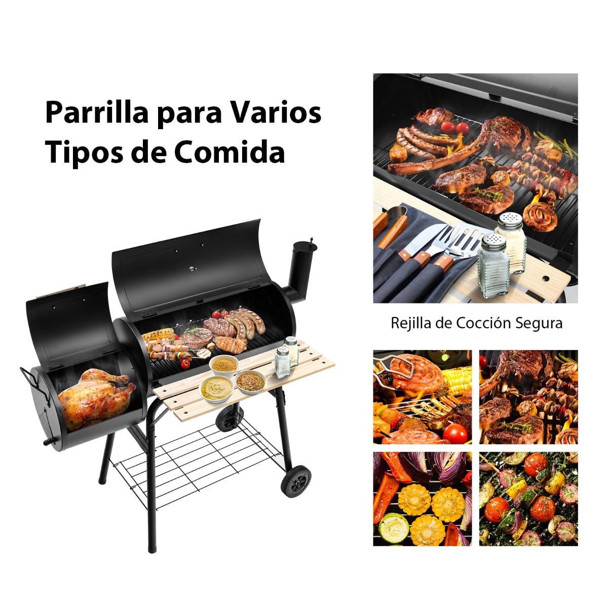 Parrilla de Carbón BBQ con Ahumador Lateral Estante Asas de Madera Dos Ruedas 115 x 65 x 108 cm Negro