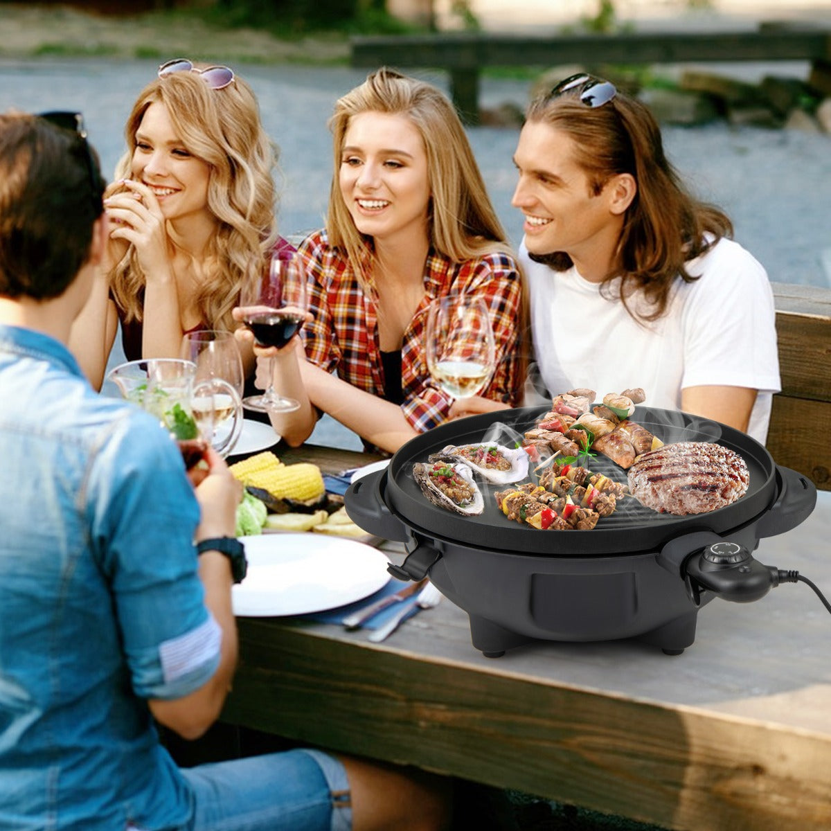 Parrilla Eléctrica 1200W para Barbacoa con Placa de Cocción Antiadherente de 2 Zonas Temperatura Ajustable Negro