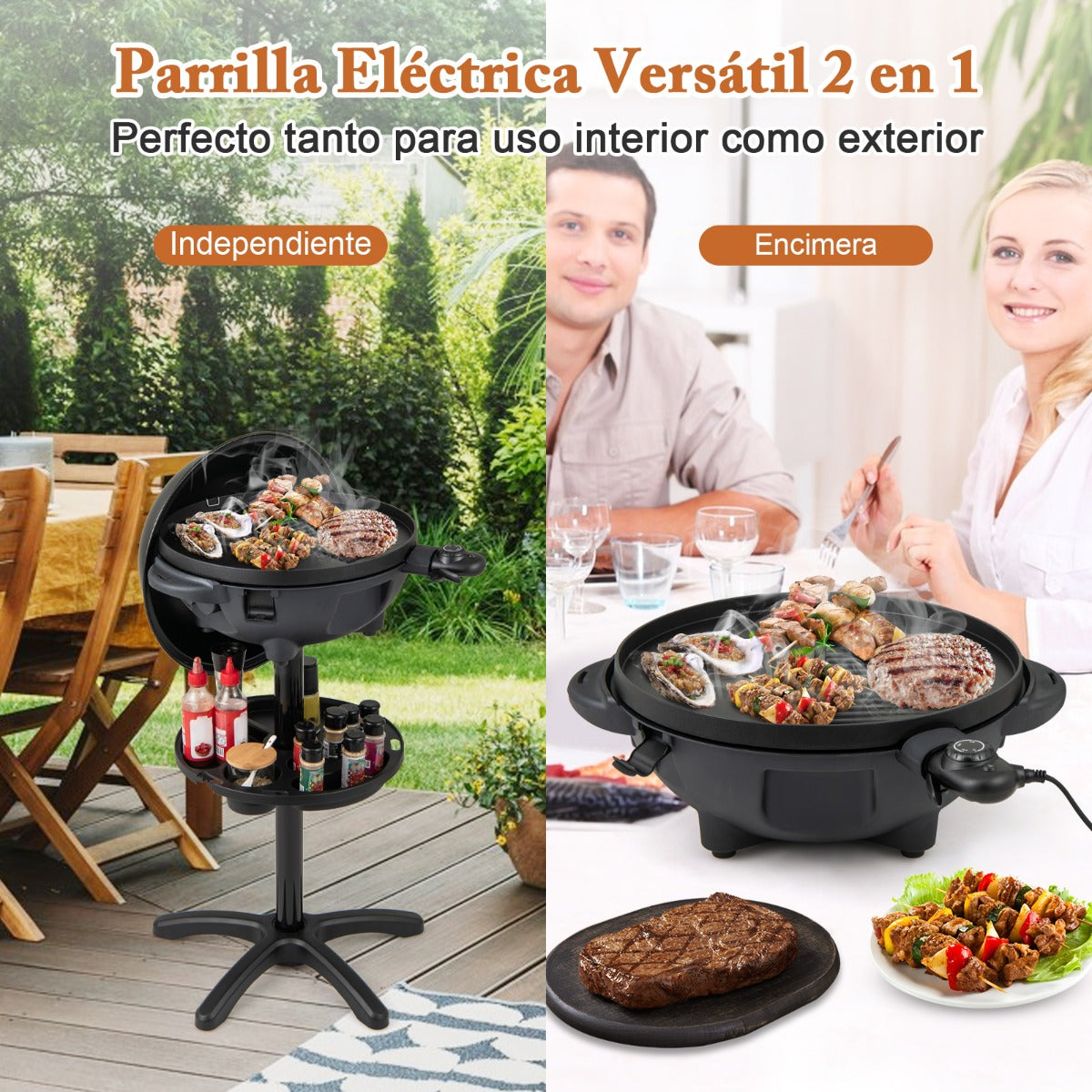 Parrilla Eléctrica 1200W para Barbacoa con Placa de Cocción Antiadherente de 2 Zonas Temperatura Ajustable Negro