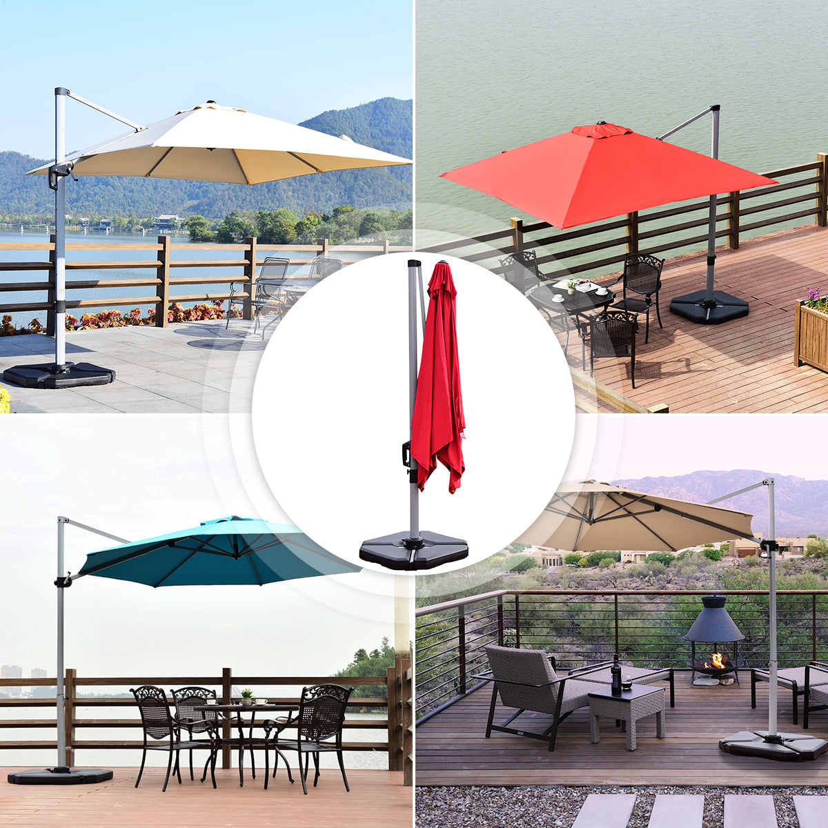 Set 4 Piezas Base Triangular de Plástico para Sombrilla Hoyos para Rellenar Agua Arena hasta 70 kg Soporte con Empuñaduras 90 x 90 x 10 cm