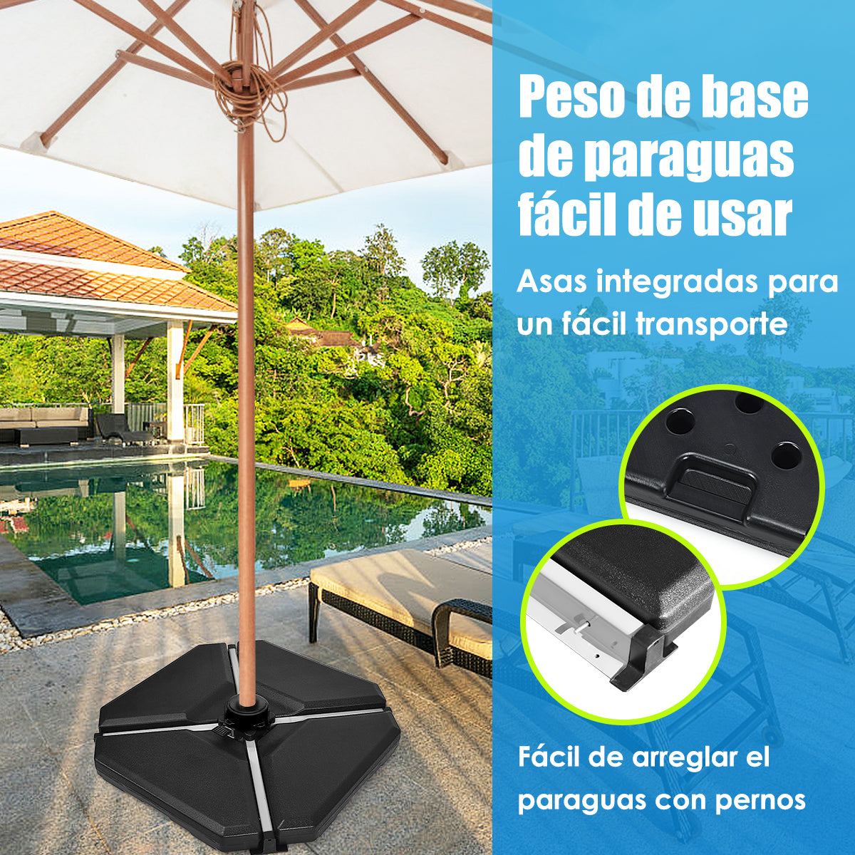 Set 4 Piezas Base Triangular de Plástico para Sombrilla Hoyos para Rellenar Agua Arena hasta 70 kg Soporte con Empuñaduras 90 x 90 x 10 cm