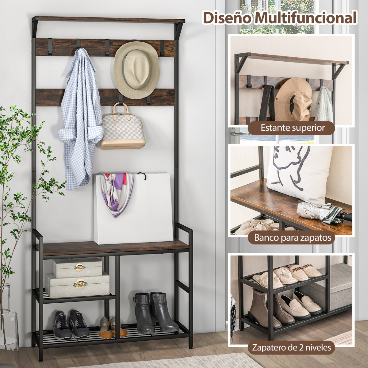 Perchero y Zapatero 3 en 1 de Entrada Alto 180 cm con Banco para Zapatos/9 Ganchos Desmontables Estantería para Dormitorio Pasillo Marrón