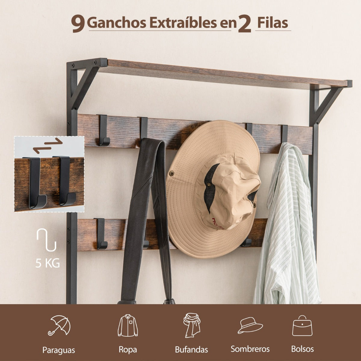 Perchero y Zapatero 3 en 1 de Entrada Alto 180 cm con Banco para Zapatos/9 Ganchos Desmontables Estantería para Dormitorio Pasillo Marrón