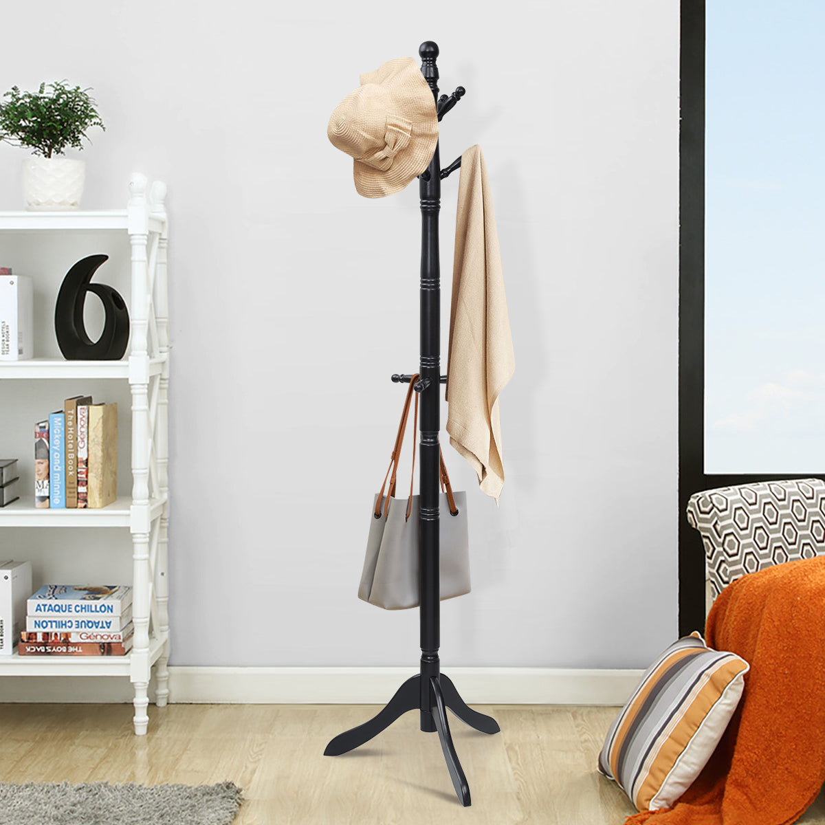 Perchero con 9 Ganchos Soporte para Abrigos con Base de Tres Patas y Altura Ajustable Hasta 175cm-Negro