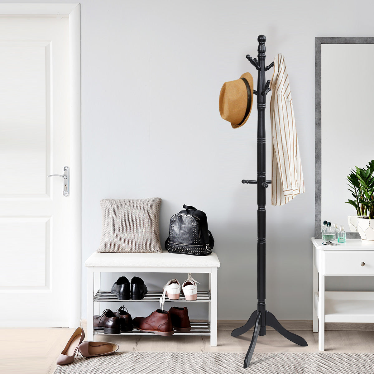 Perchero con 9 Ganchos Soporte para Abrigos con Base de Tres Patas y Altura Ajustable Hasta 175cm-Negro