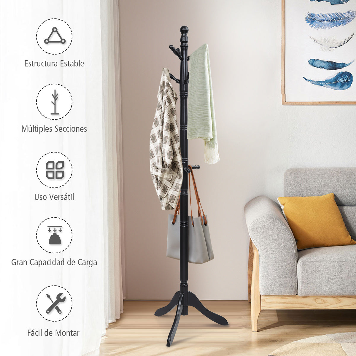 Perchero con 9 Ganchos Soporte para Abrigos con Base de Tres Patas y Altura Ajustable Hasta 175cm-Negro
