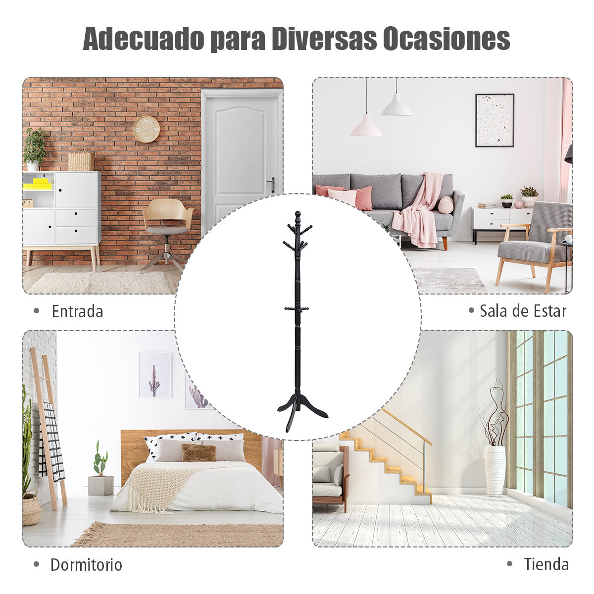 Perchero con 9 Ganchos Soporte para Abrigos con Base de Tres Patas y Altura Ajustable Hasta 175cm-Negro