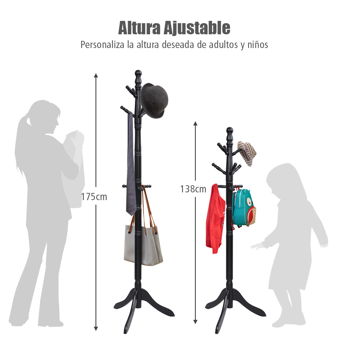 Perchero con 9 Ganchos Soporte para Abrigos con Base de Tres Patas y Altura Ajustable Hasta 175cm-Negro