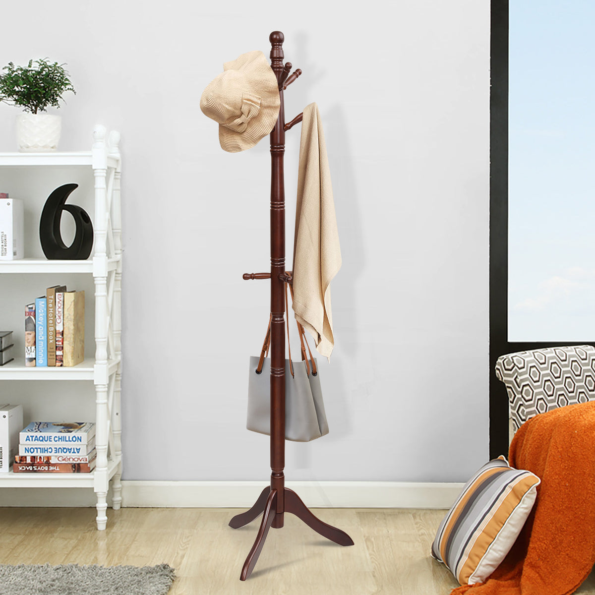 Perchero con 9 Ganchos Soporte para Abrigos con Base de Tres Patas y Altura Ajustable Hasta 175cm-Marrón